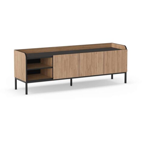 Mueble para televisión 3 puertas 2 huecos mod-Calixto acabado roble sepet y negro, 160cm(ancho) 55cm(alto) 42cm(largo)