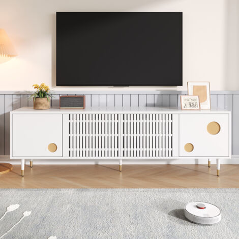 Mueble para TV 170 x 36 x 54 cm - estructura enrejada, tiradores ocultos y decoración dorada - MDF - Blanco