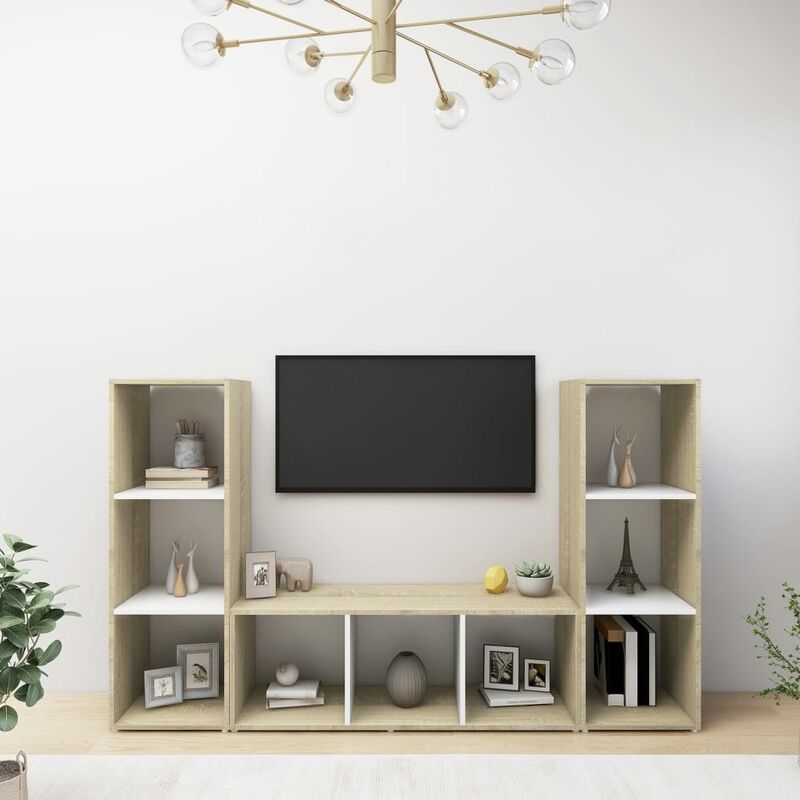 

Mueble para TV 3 uds aglomerado blanco roble Sonoma 107x35x37cm