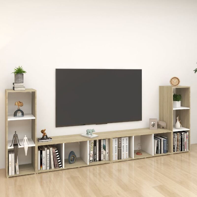 

Mueble para TV 4 uds aglomerado blanco roble Sonoma 107x35x37cm