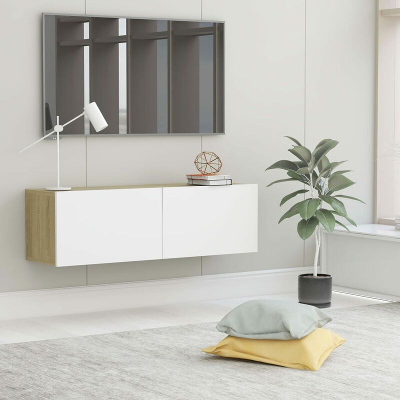 

Mueble para TV aglomerado blanco y roble Sonoma 100x30x30 cm - Beige