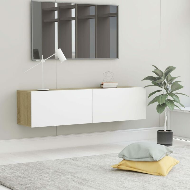 

Mueble para TV aglomerado blanco y roble Sonoma 120x30x30 cm - Beige