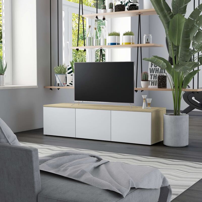 

Mueble para TV aglomerado blanco y roble Sonoma 120x34x30 cm - Beige