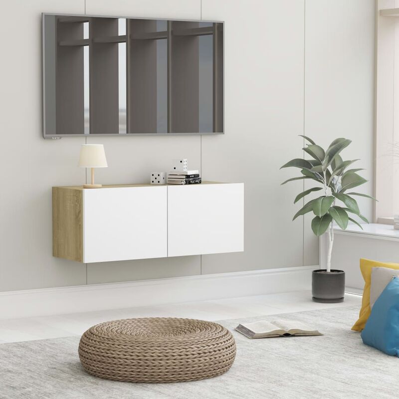 

Mueble para TV aglomerado blanco y roble Sonoma 80x30x30 cm - Beige