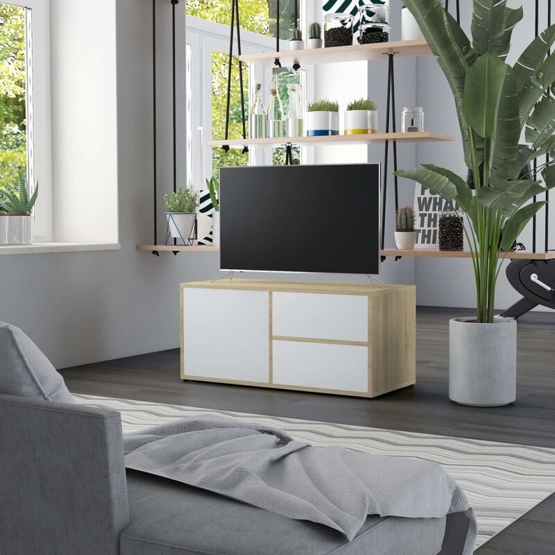 

Mueble para TV aglomerado blanco y roble Sonoma 80x34x36 cm - Beige