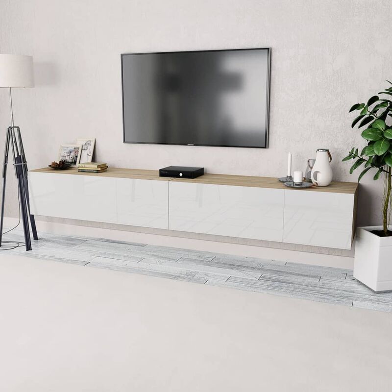 

Mueble para TV aglomerado roble y blanco con brillo 2 piezas