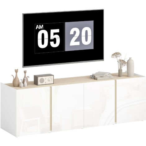 Mueble para TV, banco para TV con 4 puertas de cierre suave, estante ajustable y gestión de cables, 135 x 38 x 45 cm, blanco