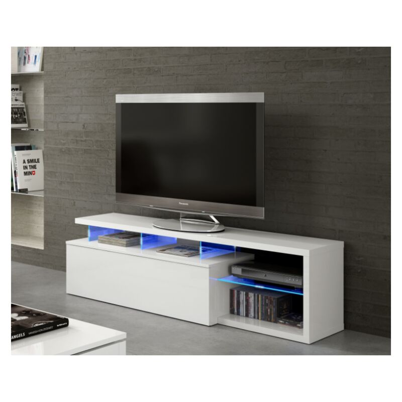 

Mueble de TV para el salón Blue tech 150 cm Blanco brillante con una puerta y luces LED | Blanco