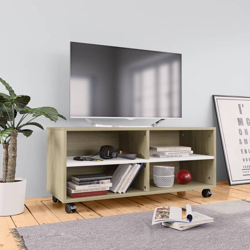 

Mueble para TV con ruedas aglomerado blanco y Sonoma 90x35x35cm