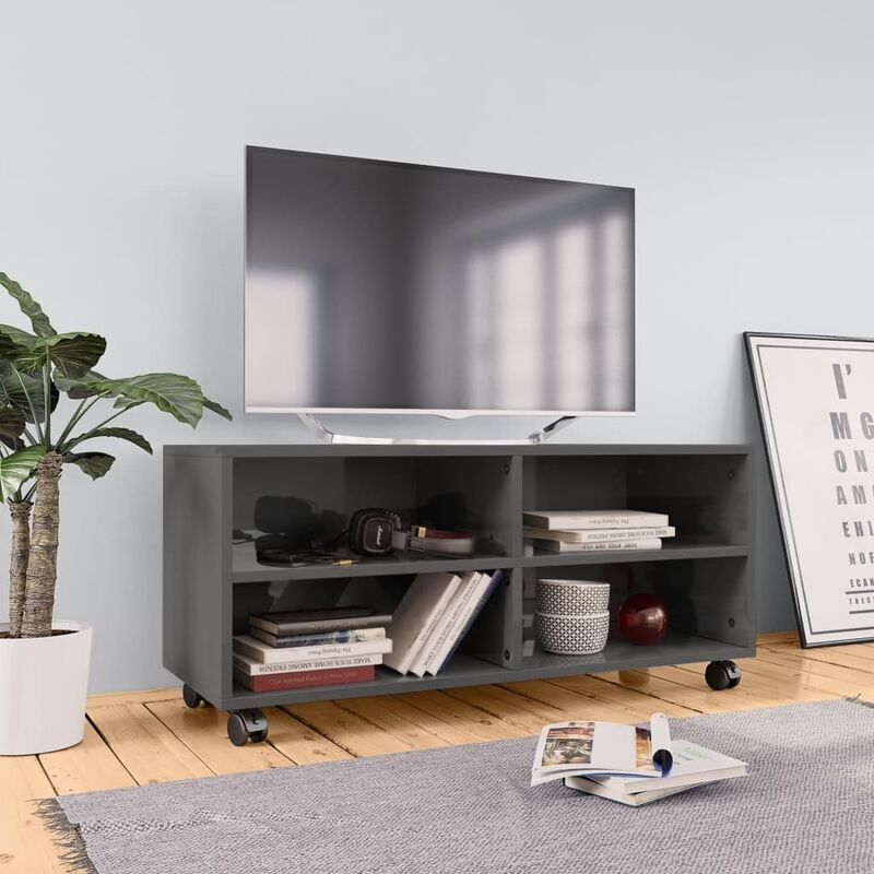 

Mueble para TV con ruedas aglomerado gris brillante 90x35x35 cm
