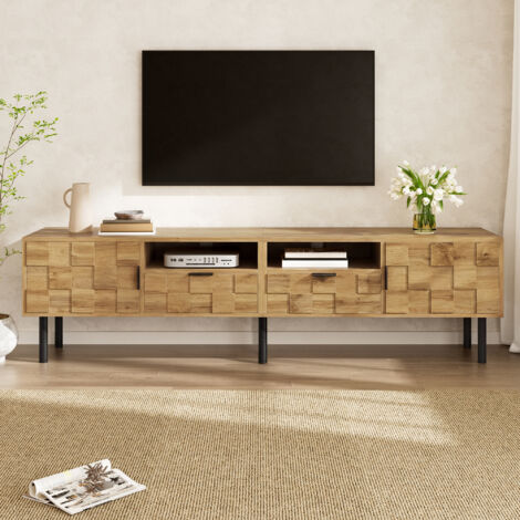 Mueble para TV de 160x35x42,5 cm, 2 puertas, 2 cajones, 2 estantes abiertos con gestión de cables, patas metálicas, madera natural y color negro.