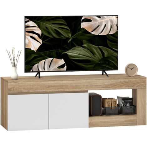 Mueble para TV de dos puertas para televisores de hasta 60 pulgadas, con un compartimento y un estante abierto, efecto madera natural.