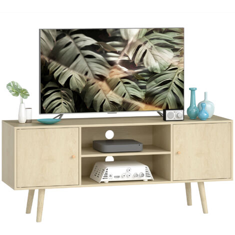 Mueble para TV de hasta 55 pulgadas, 2 cajones y 2 estantes abiertos, 120 x 34 x 50 cm, aspecto de madera natural.