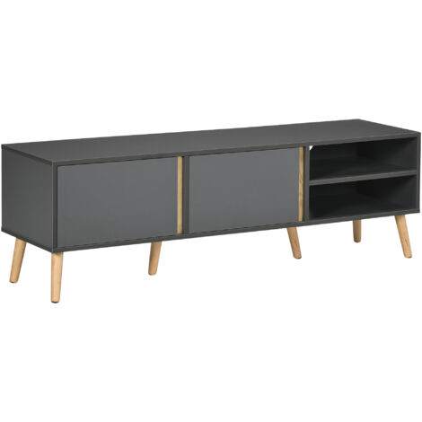 Mueble para TV de hasta 55 pulgadas, estilo escandinavo, 2 puertas, 2 compartimentos con gestión de cables, 150 x 35 x 45 cm, gris oscuro.