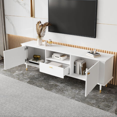 Mueble para TV de MDF blanco 170x36x54 cm con 2 puertas, 1 cajón, hueco abierto, pasacables y cierre suave