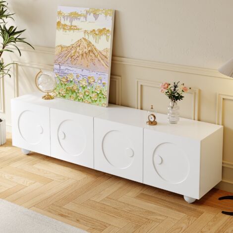 Mueble para TV de MDF y tablero de partículas blanco mate, 180,5 x 38 x 50 cm, puertas con relieve 3D y almacenaje