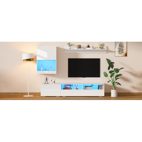 Mueble para TV de tablero de partículas blanco 175 x 39 x 34 cm, set 3 piezas con armario mural, estante y LED
