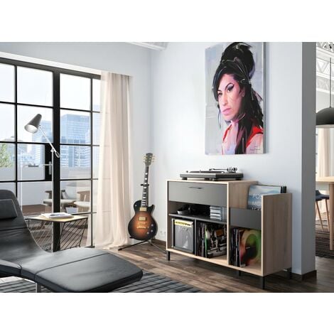 Mueble para vinilos y tocadiscos JAZZY - Con compartimentos - Color: roble y negro - Vente-unique - Negro, Color natural claro