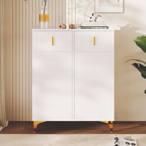Mueble para zapatos - 83 x 10 x 135 cm - con cajones, paneles texturizados, estantes ajustables y decoraciones doradas - blanco