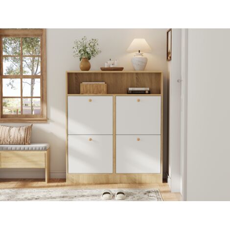 Mueble para zapatos con 4 frentes abatibles y nichos abiertos, en natural y blanco, 90x24x104,5 cm