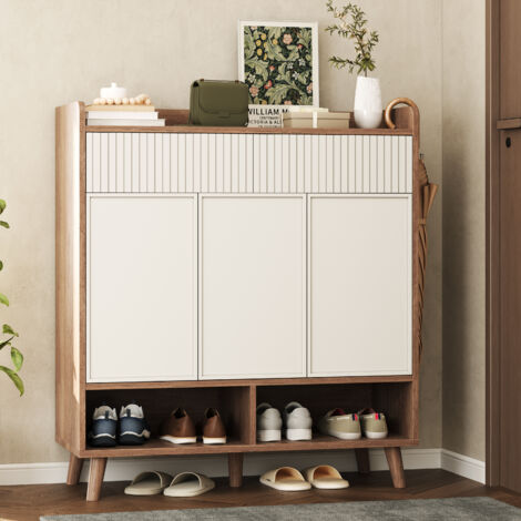 Mueble para zapatos con acabado madera, 3 puertas, 2 cajones y 2 nichos abiertos, estantes ajustables, en blanco, 90x35x100 cm