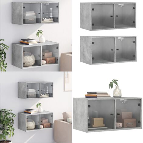 Mueble pared puertas vidrio 2 uds gris hormigón 68,5x37x35 cm - Armario de vidrio - Armario de almacenamiento