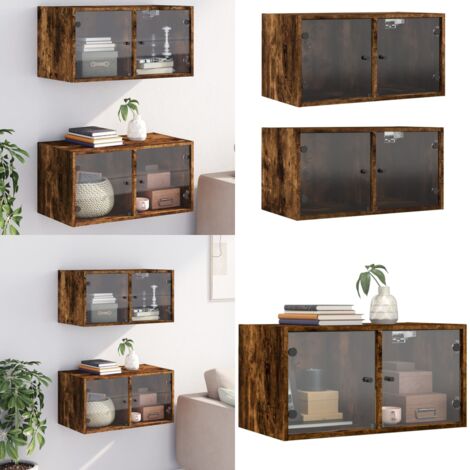 Mueble pared puertas vidrio 2 uds roble ahumado 68,5x37x35 cm - Armario de almacenamiento - Muebles de pared