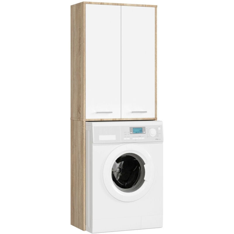 Meuble pour machine à laver fin Chêne Sonoma 64 cm 2 portes façade Blanche 4 étagères 64x30x180 cm