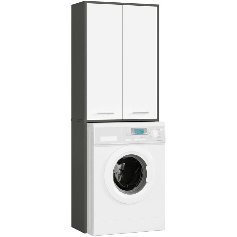 Meuble pour machine à laver fin Gris Graphite 64 cm 2 portes façade Blanche 4 étagères 64x30x180 cm