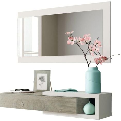 Mueble recibidor colgante con espejo y cajón color blanco y roble estilo moderno 19x95x26 cm