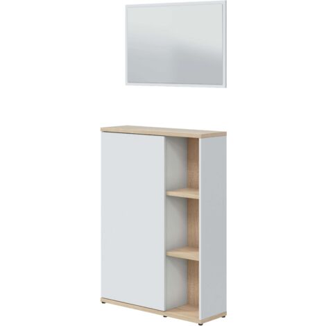 Mueble Recibidor Consola Auxiliar con Espejo Adhara en Blanco Artik y Roble Canadian 77x106x24 cm
