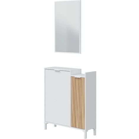 Mueble Recibidor Para Entrada Con Espejo Ethna Blanco Artik Y Natur Diseño Moderno 77x24Cm