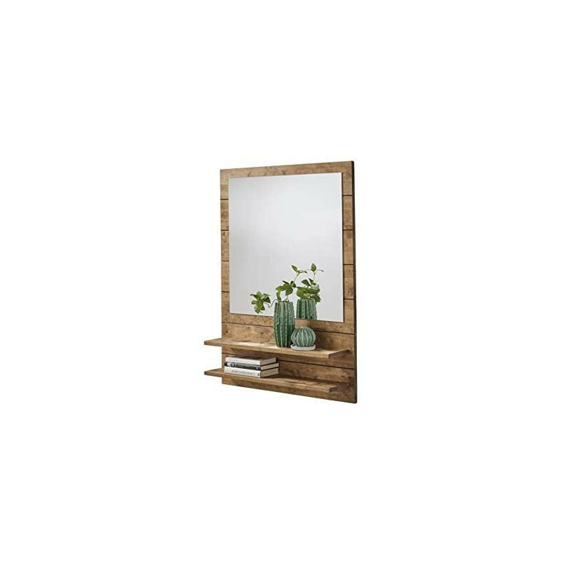

Mueble recibidor para entrada con espejo y dos baldas. Acabado madera natural.