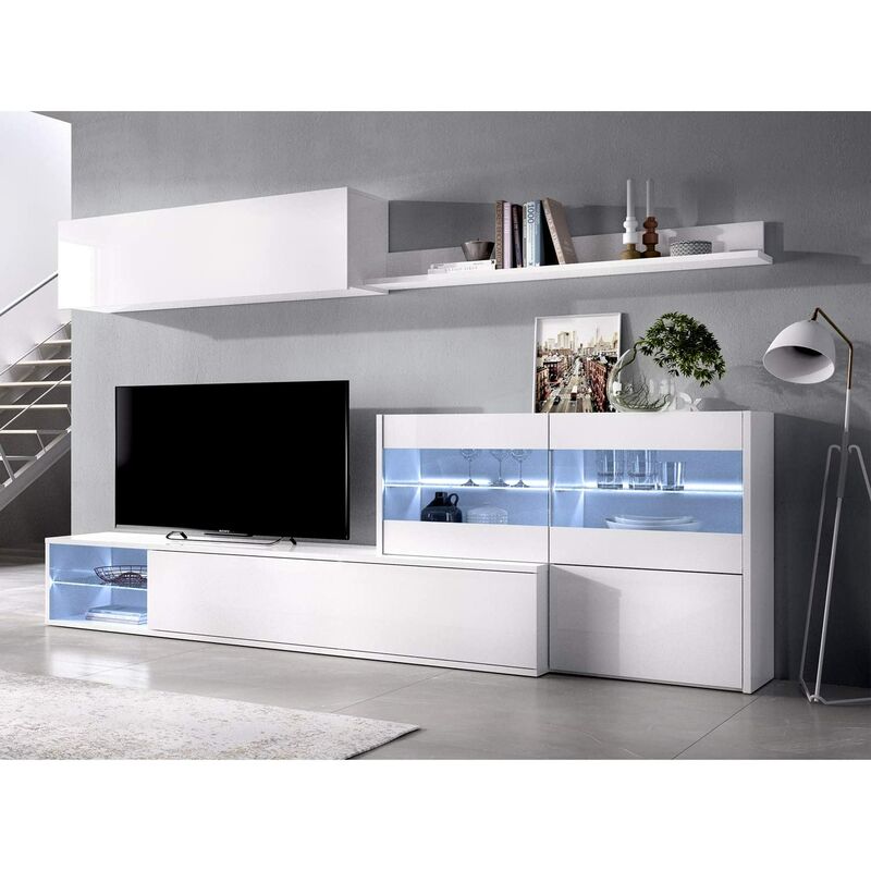 

Mueble salón Comedor Moderno con Leds, Acabado en Blanco Brillo Lacado, Medidas: 260x41