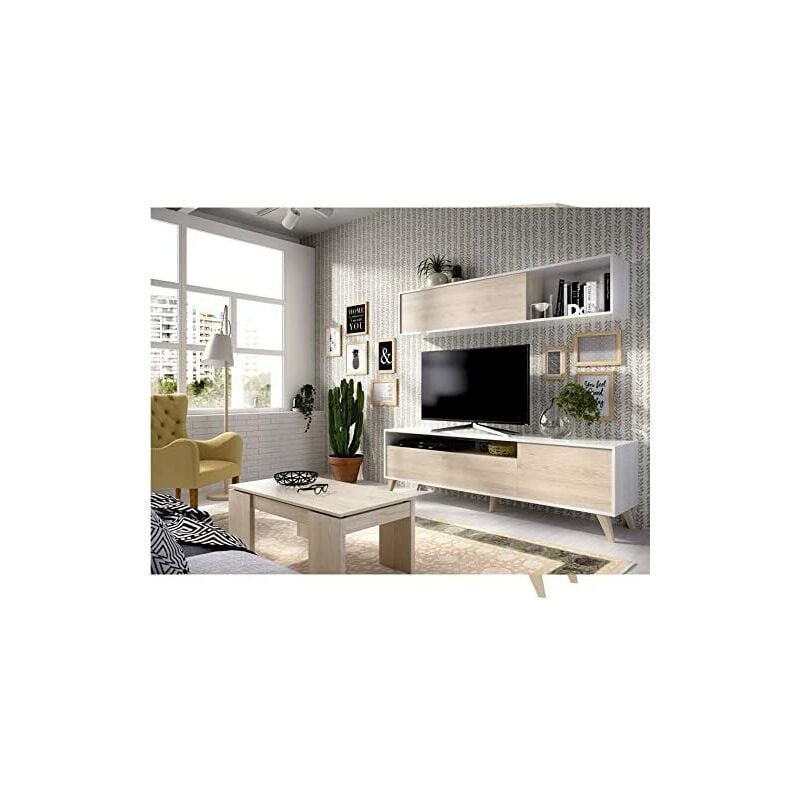 

Mueble salon Comedor Nordik, medidas: Alto:180cm - Ancho:180cm (Blanco brillo y Natural)