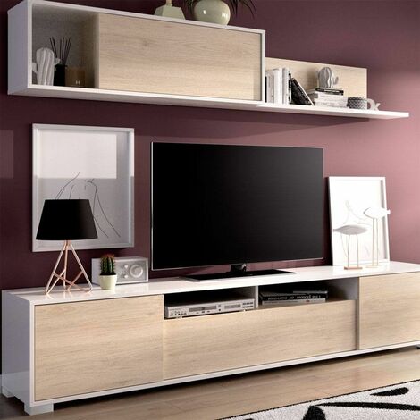Conjunto mueble salon television Fuerte del Rey en blanco y natural 180 cm(alto)200 cm(ancho)41 cm(largo)