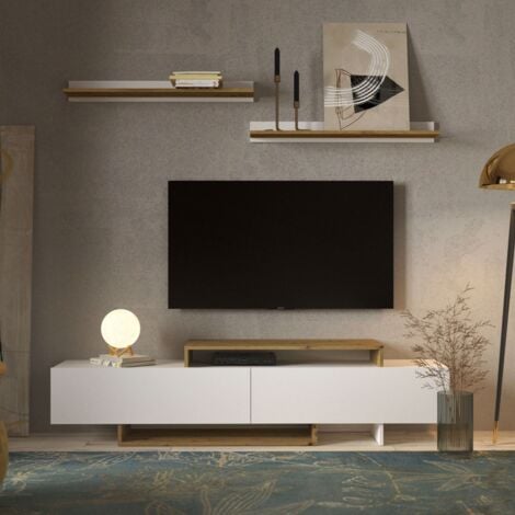 MIROYTENGO Mueble Salón Opole Mueble Tv 2 Puertas Abatibles, 2 Estantes, 2 Huecos, Estilo Moderno Color Blanco y Roble Claro 180cm