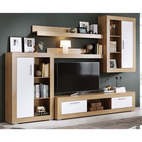 Mueble salon Tv Moderno, Sonoma y Blanco, con Expositor y Armario