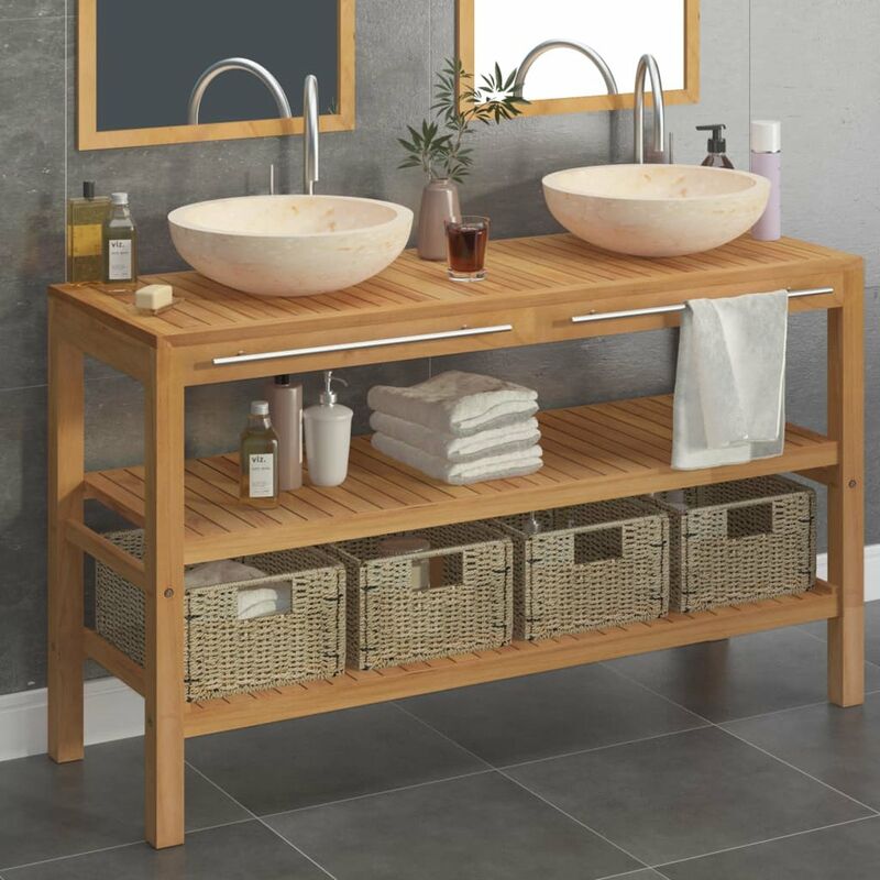 

Mueble tocador madera maciza teca con lavabos de marmol crema