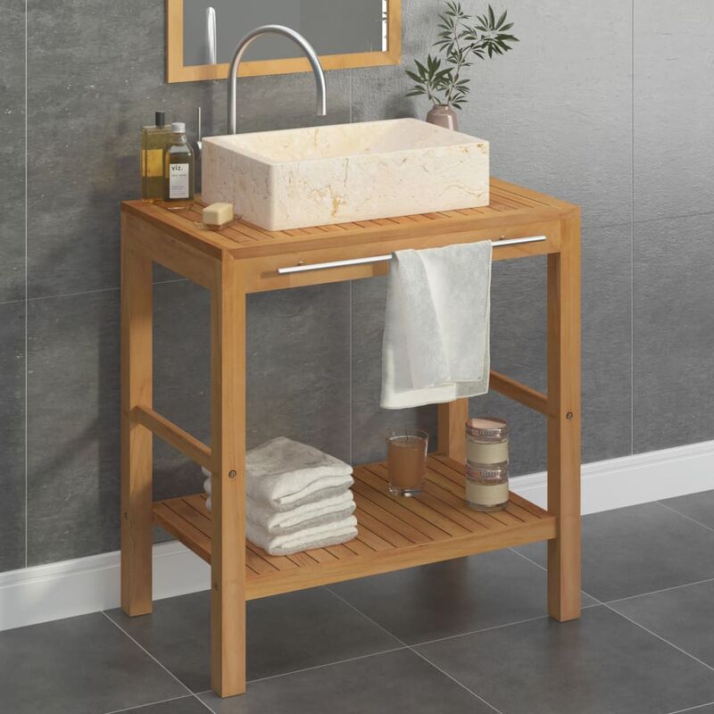 

Mueble tocador madera teca maciza con lavabo de mármol crema - Marrón