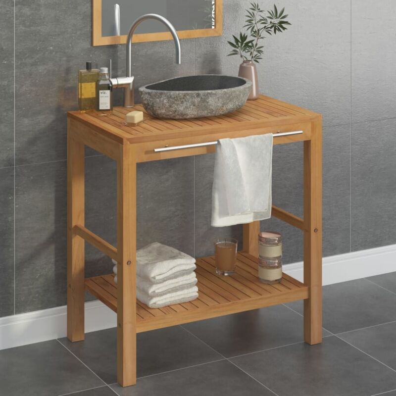 Mueble tocador madera teca maciza con lavabo de piedra de río