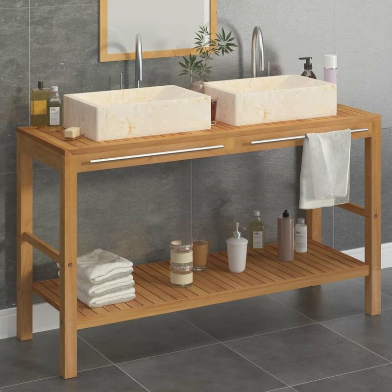 

Mueble tocador madera teca maciza con lavabos de marmol crema
