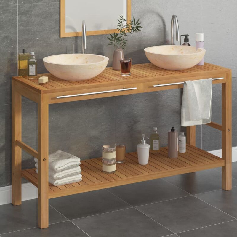 

Mueble tocador madera teca maciza con lavabos de mármol crema - Marrón