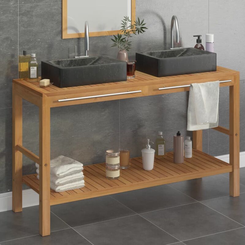 

Mueble tocador madera teca maciza con lavabos de mármol negro - Marrón
