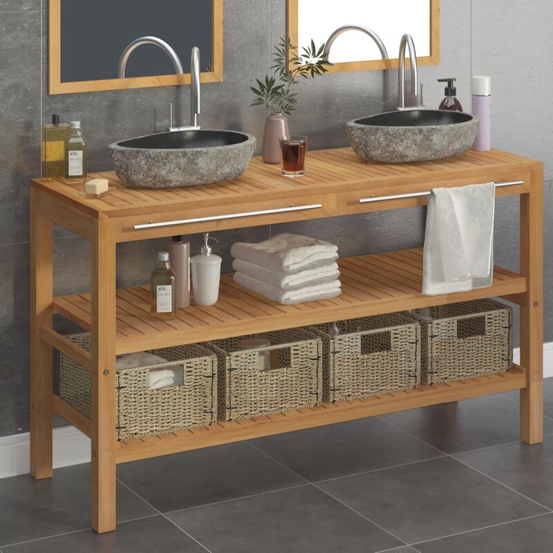 

Youthup - Mueble tocador madera teca maciza con lavabos de piedra de río - Marrón