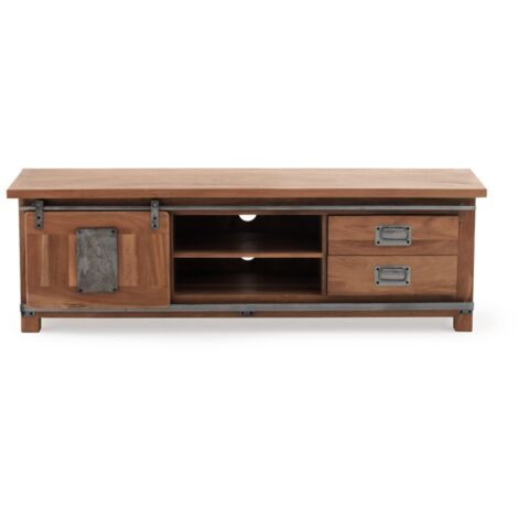 Mueble tv 1 puerta corredera y 2 cajones de madera maciza de acacia reciclada con patas de madera