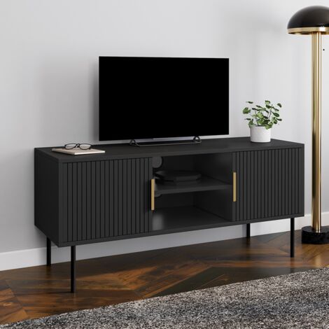 Mueble TV 110 cm MARCEL negro con 2 puertas efecto lamas