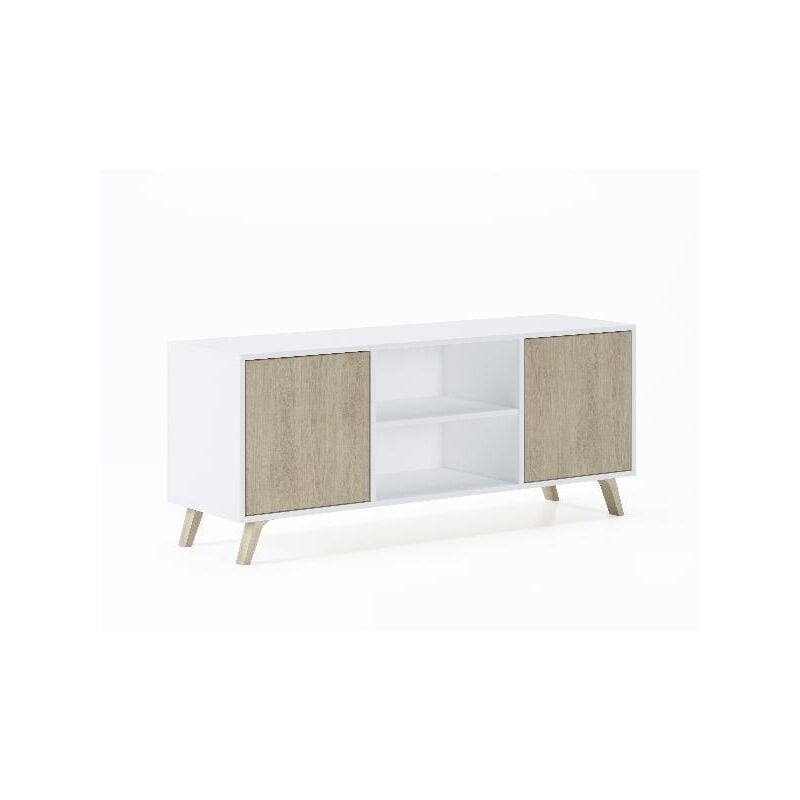 

Mueble TV 140 con 2 puertas, salón comedor, Modelo WIND, color estructura Blanco, color puertas Puccini, medidas 140x40x57cm de altura. - MULTICOLOR