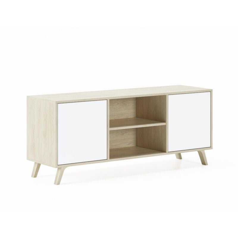 

Mueble TV 140 con 2 puertas, salón comedor, Modelo WIND, color estructura Puccini, color puertas Blanco, medidas 140x40x57cm de altura. - MULTICOLOR