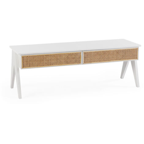 Mueble Tv 150X45X52 Madera Blanco/Ratan Natural